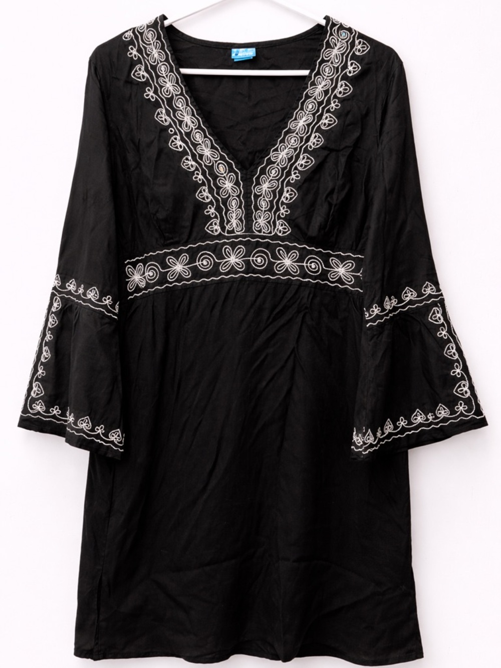 Black Embroidered V-Neck Midi Dress